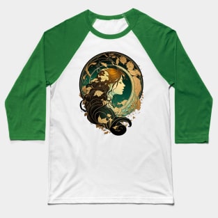 Girl With Fall Autumn Leaves In Her Hair Art Nouveau Graphic Baseball T-Shirt